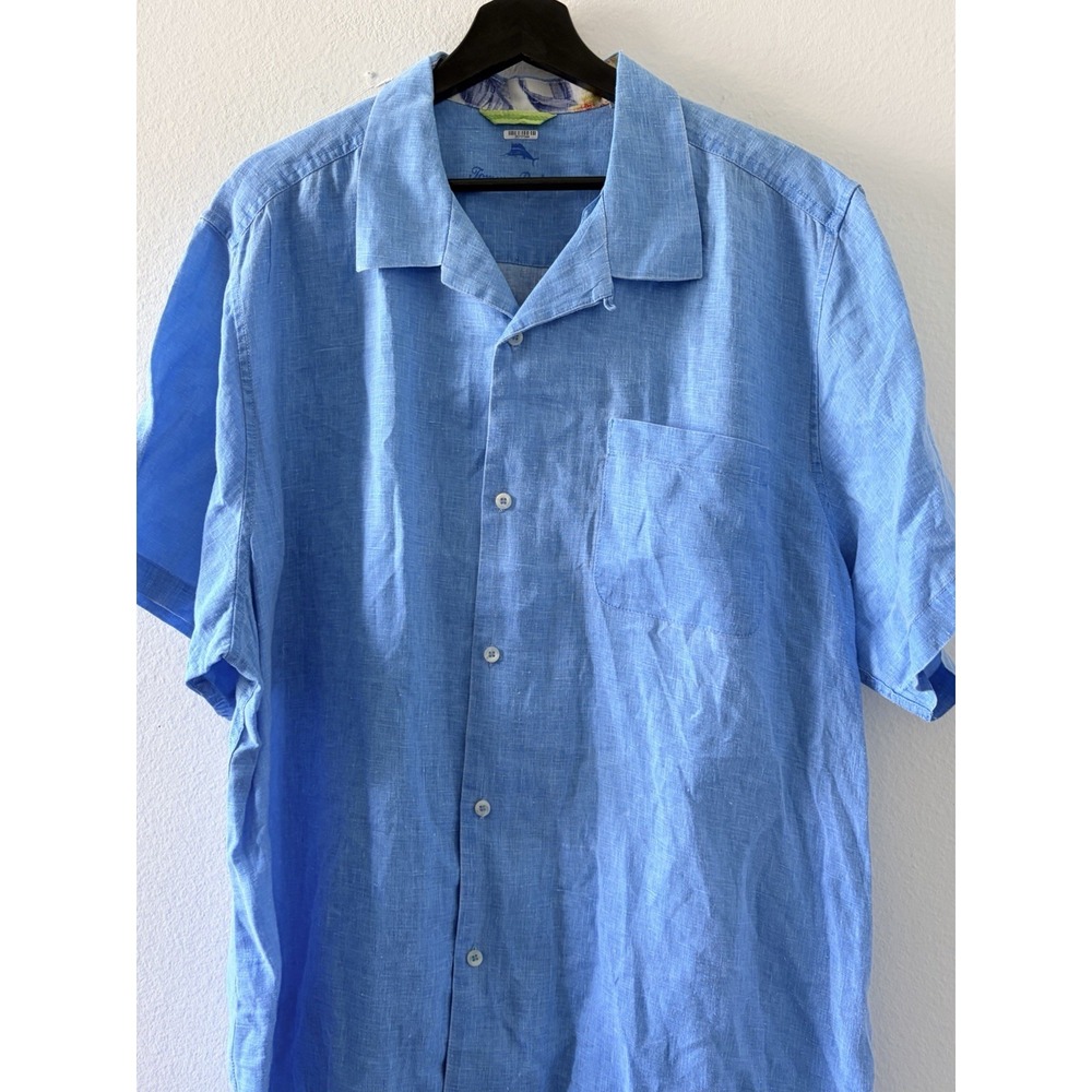 Tommy Bahama Mens Blue Linen Short Sleeve Camp Shirt Button Down Size XL